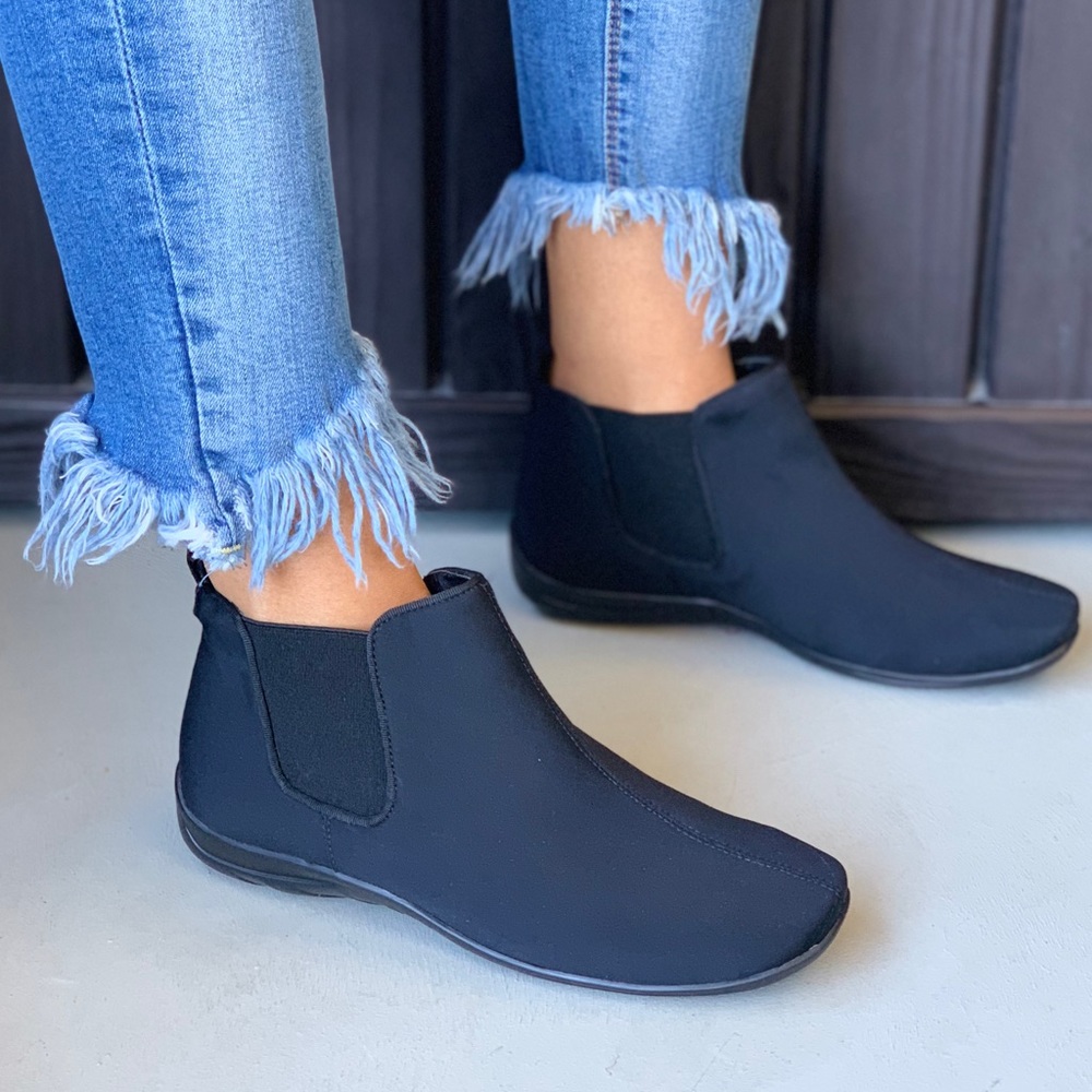 Black Stretch Fabric Comfort Wide Fit Ankle Bootie - Picture 1 of 4